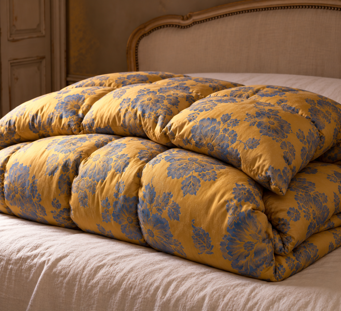Édredon ancien en duvet naturel et tissu satiné – fabrication artisanale
