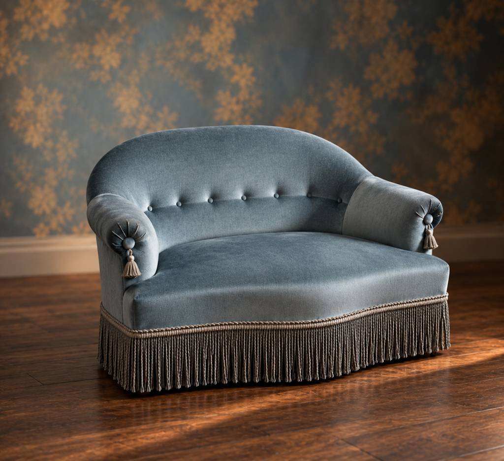 Petit canapé boudoir vintage des années 70 en velours bleu esprit boudoir 