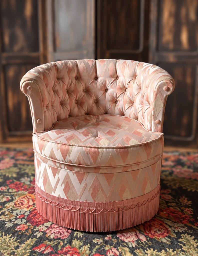 Fauteuil crapaud vintage  rose satinée parfait dans les petits espaces