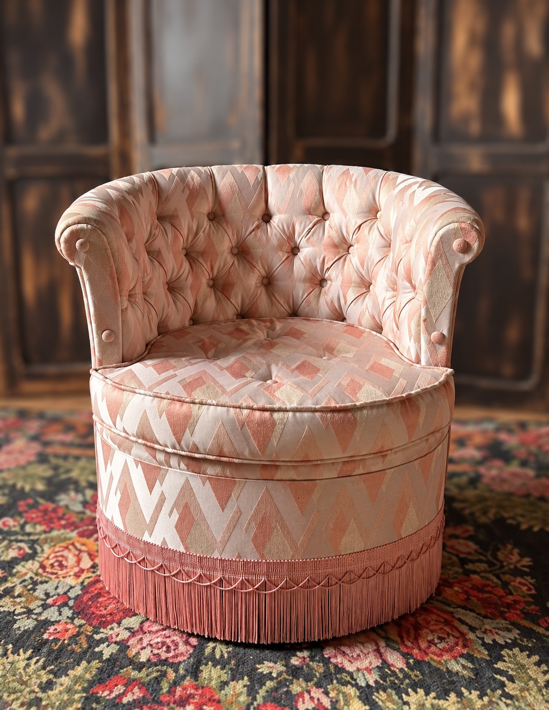 Fauteuil crapaud vintage rose satinée parfait dans les petits espaces