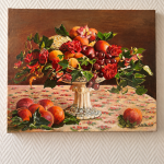 Nature morte aux fruits et fleurs – peinture à l’huile sur toile du XXe siècle - une caresse pour les yeux 