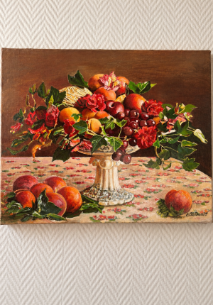 Nature morte aux fruits et fleurs – peinture à l’huile sur toile du XXe siècle - une caresse pour les yeux 