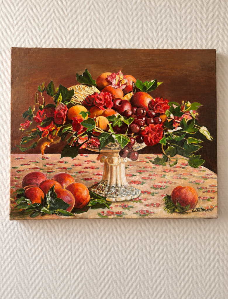 Nature morte aux fruits et fleurs – peinture à l’huile sur toile du XXe siècle - une caresse pour les yeux