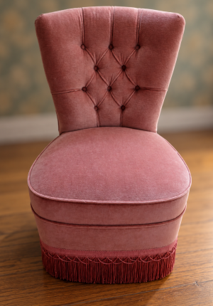 Chauffeuse capitonnée vintage en velours vieux rose, décorative et pleine de charme