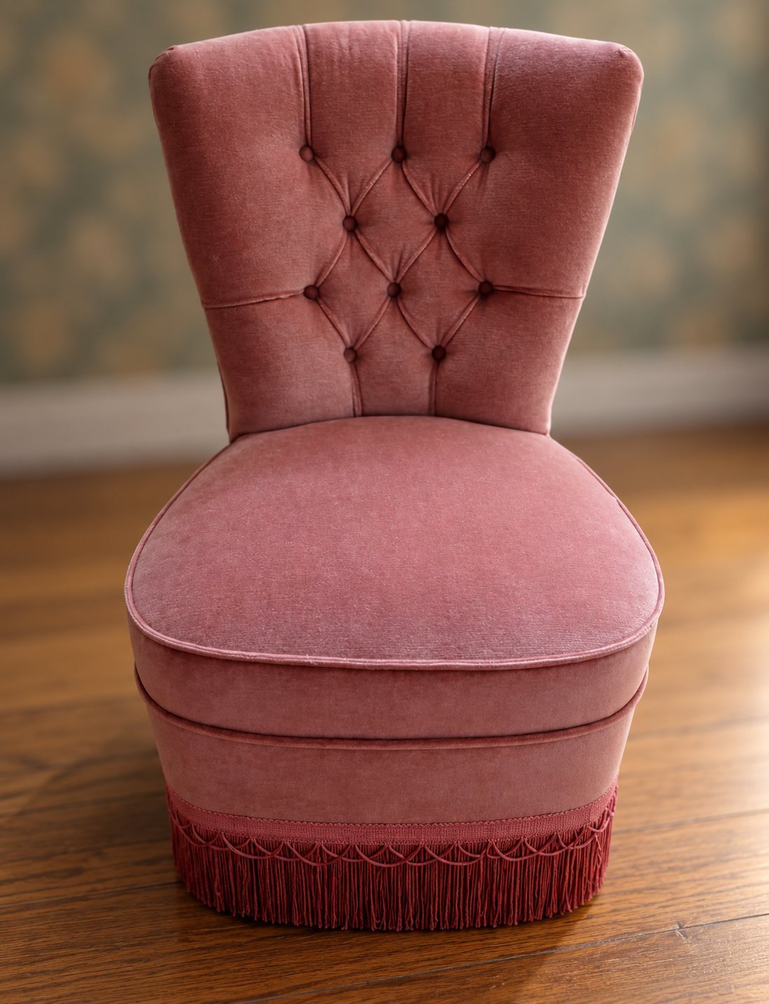 Chauffeuse capitonnée vintage en velours vieux rose, décorative et pleine de charme