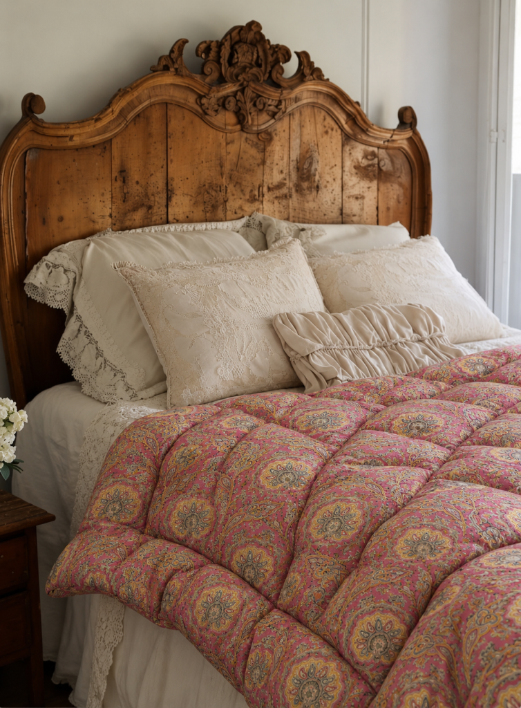 Édredon ancien en plumes – motif cachemire rose – 170 × 160 cm superbe