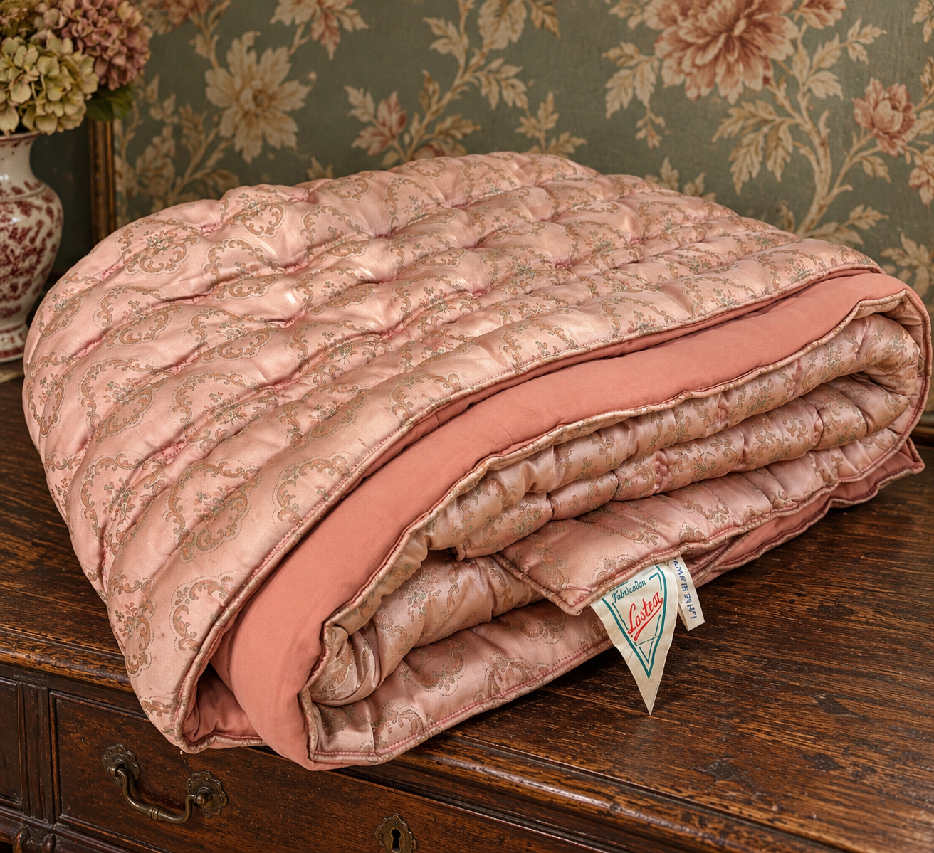 Grande couverture boutis ancienne en pure laine, satin fleuri vieux rose – 220 × 240 cm – Image 2