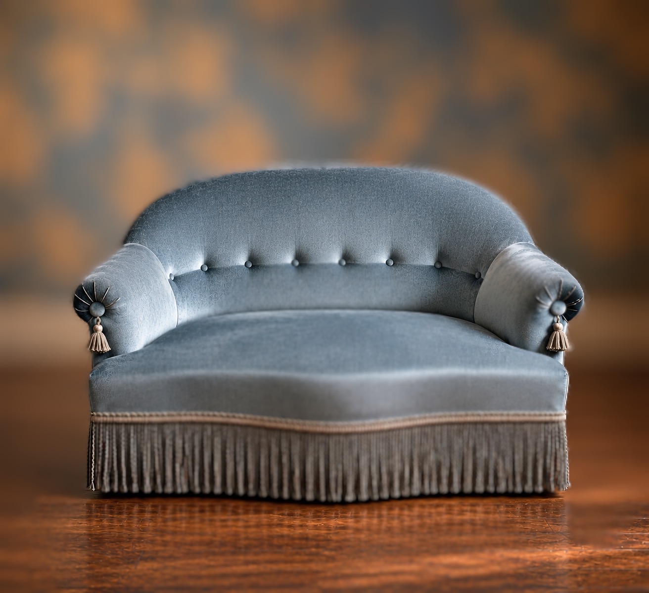 Petit canapé boudoir vintage des années 70 en velours bleu esprit boudoir