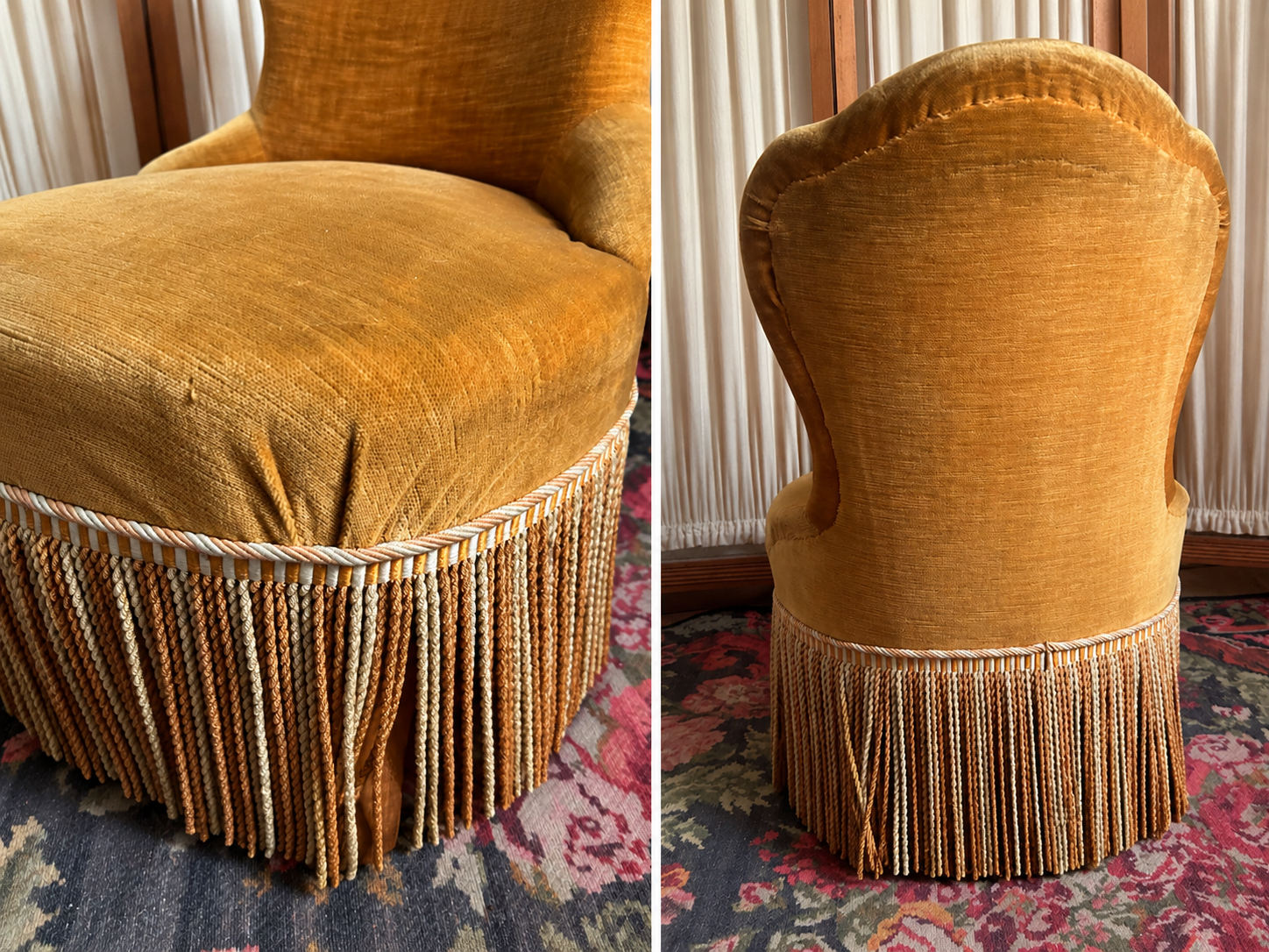 Petit fauteuil chauffeuse vintage en velours jaune d’or patiné et plein de charme