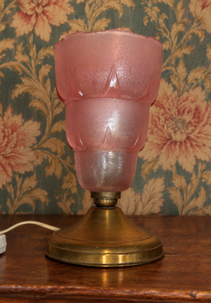 Petite lampe Art déco ancienne avec tulipe en verre rose - jolie rareté