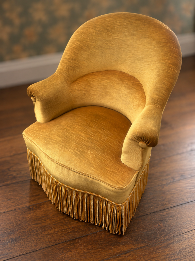 Fauteuil crapaud Napoléon III en velours jaune d’or