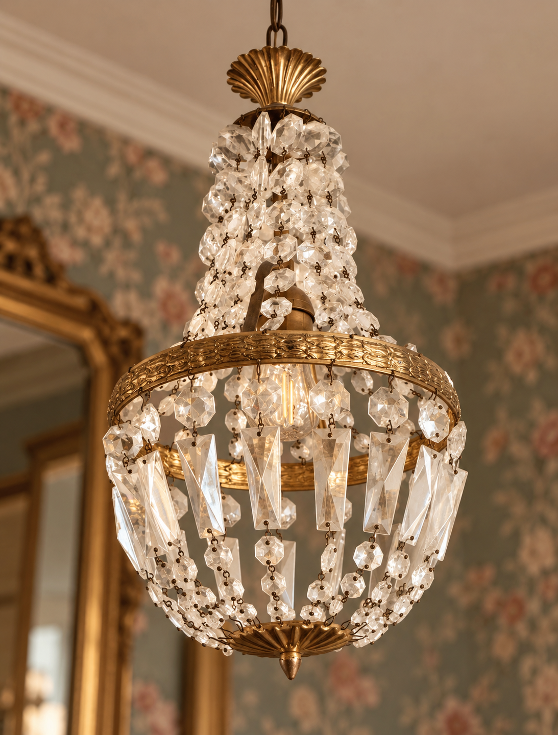 Lustre montgolfière vintage en bronze doré et pampilles de verre - Un beau classique indémodable – Image 7