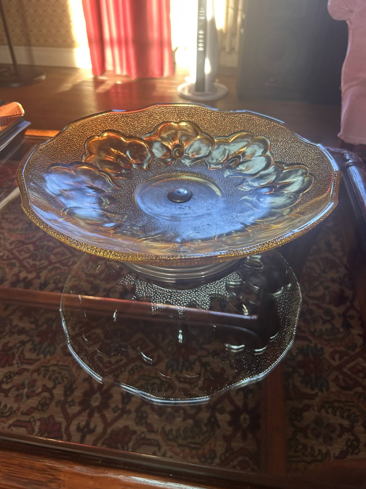 Grande coupe à fruits Art déco en verre ambré décor d’orchidées – Image 3
