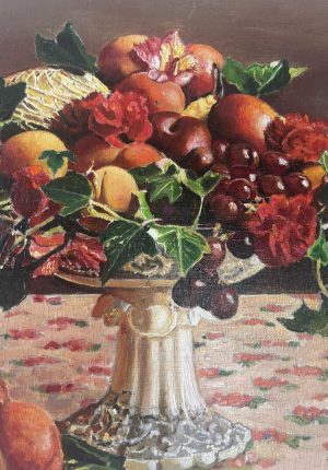 Nature morte aux fruits et fleurs – peinture à l’huile sur toile du XXe siècle - une caresse pour les yeux 