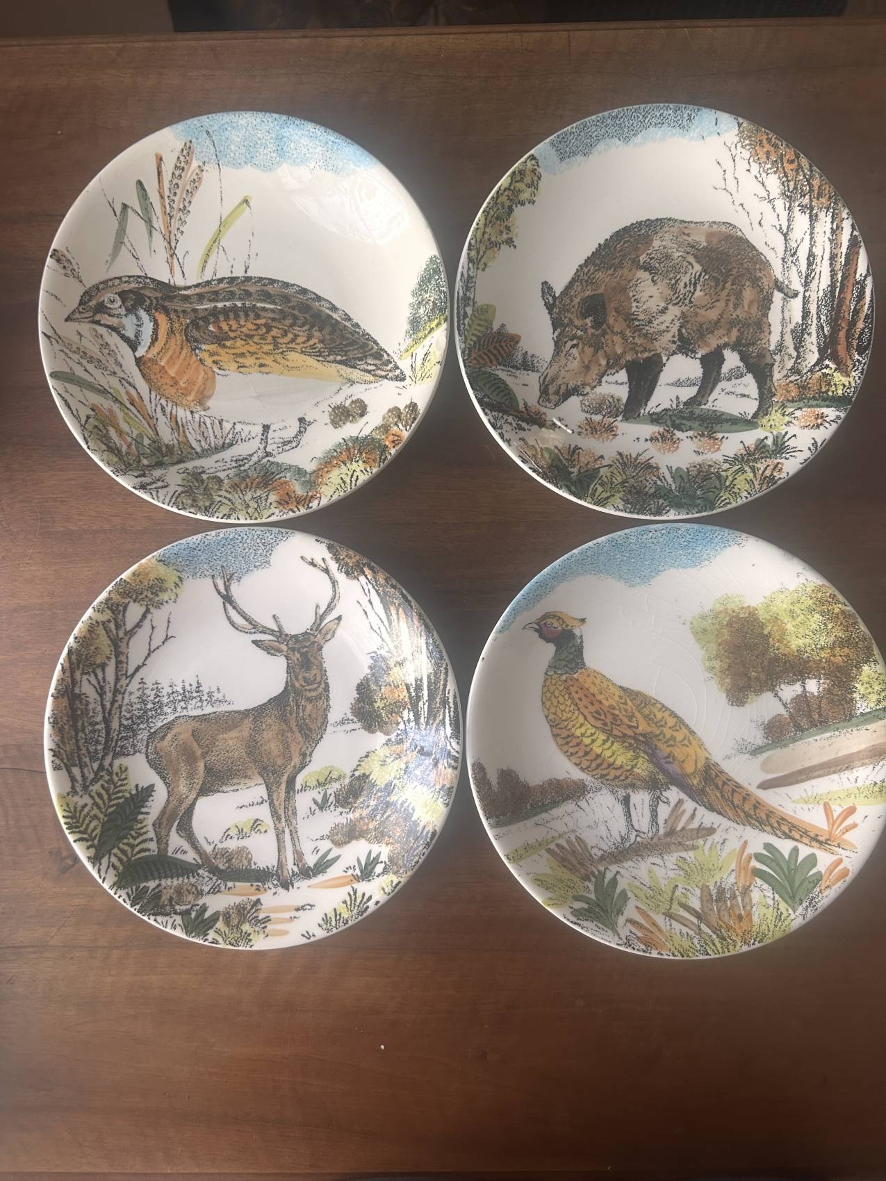 Douze assiettes plates en faïence de Gien – modèle Chambord – animaux de la forêt