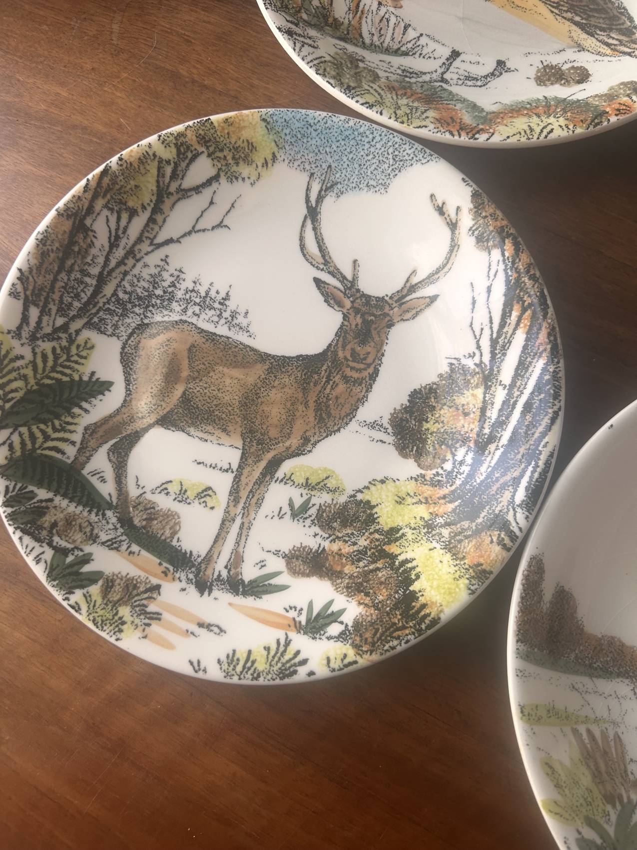 Douze assiettes plates en faïence de Gien – modèle Chambord – animaux de la forêt