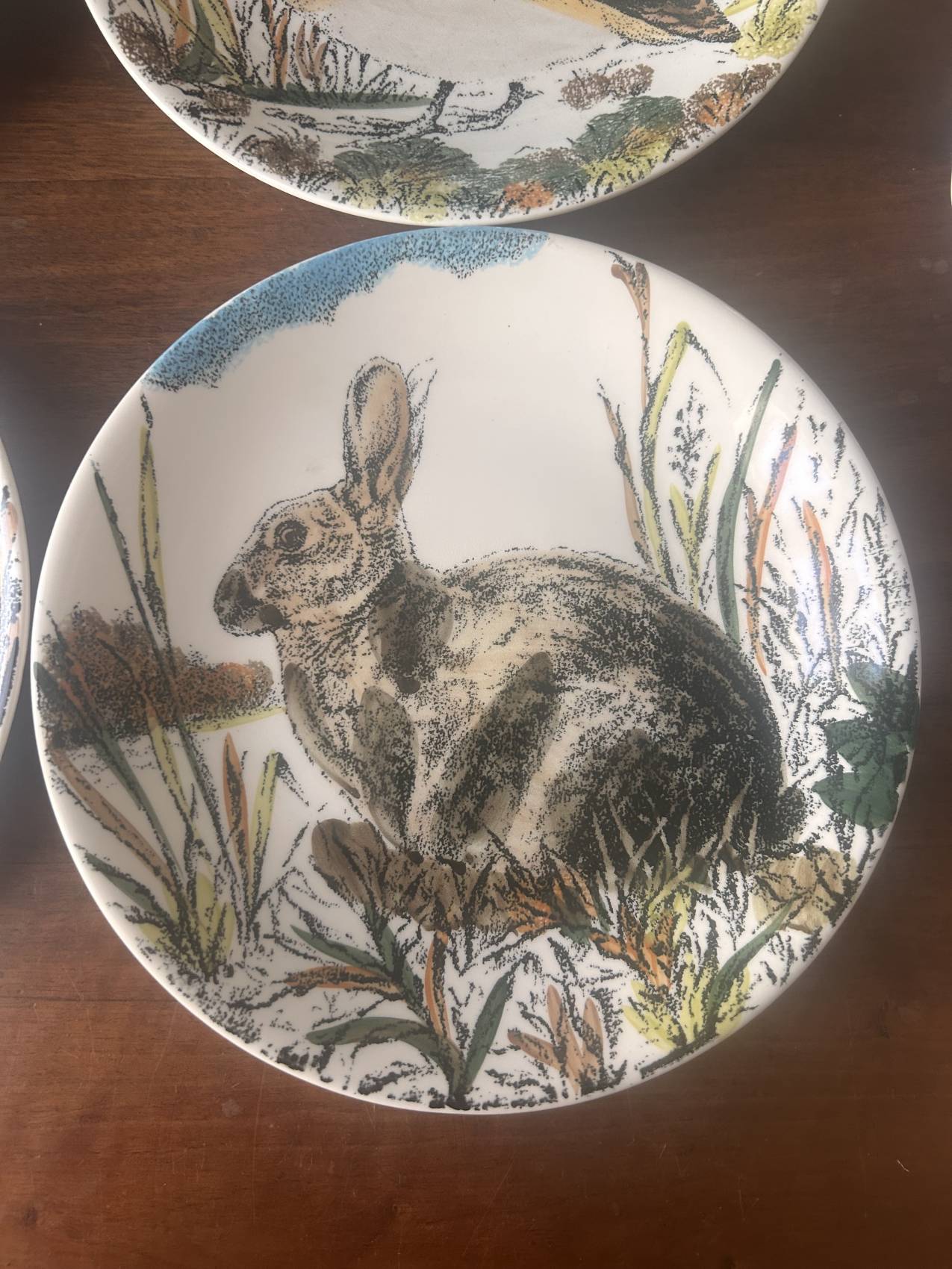 Douze assiettes plates en faïence de Gien – modèle Chambord – animaux de la forêt