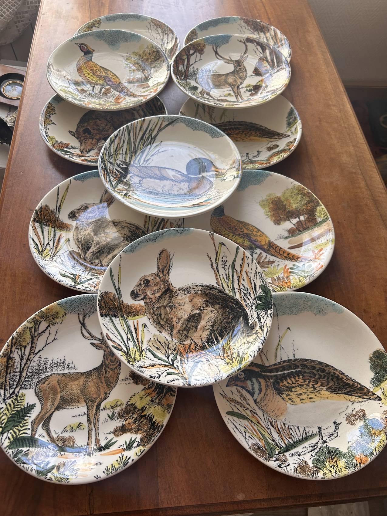Douze assiettes plates en faïence de Gien – modèle Chambord – animaux de la forêt