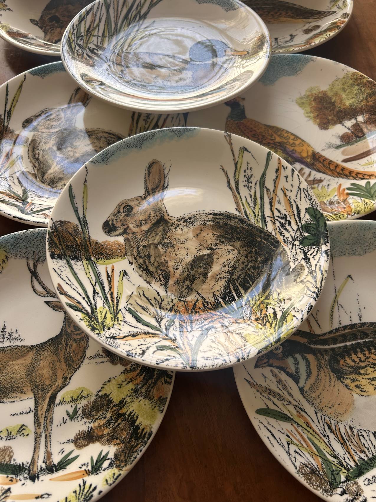 Douze assiettes plates en faïence de Gien – modèle Chambord – animaux de la forêt